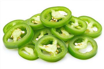 Fresh green slice chilis displayed on a white background. Generative AI.