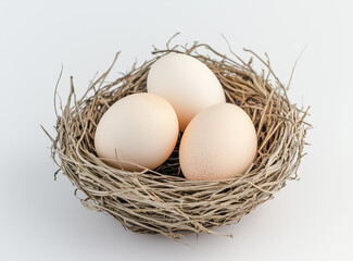 Close-up of chicken eggs in a nest on white background. Generative AI.
