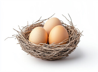 Close-up of chicken eggs in a nest on white background. Generative AI.