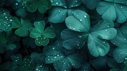   A cluster of emerald foliage adorned with droplets of H2O against a backdrop of verdant foliage laden with water droplets