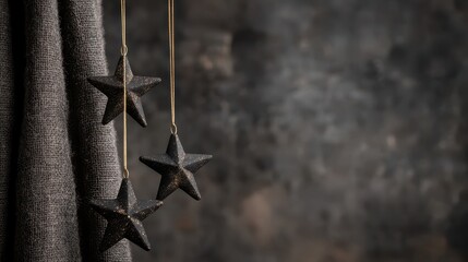 Elegant Black Star Decorations Hanging on Textured Grey Fabric Background