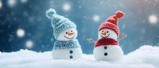 little knitted snowmans on soft snow on blue background