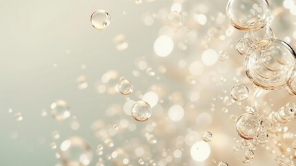 Fototapeta premium Delicate bubbles and molecular chains suspended in a clear liquid, set against a light, ethereal background