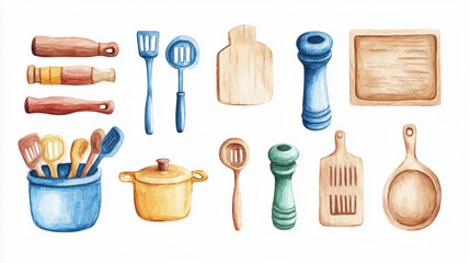 A watercolor toy kitchen set with miniature kitchen tools on a plain white background