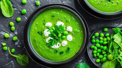   Two bowls of green pea soup on a table with a spoon and spoon rest by the bowl