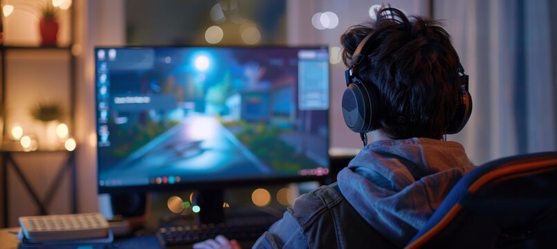 Focused Adult Taking Online Defensive Driving Course on Computer in Winter Setting