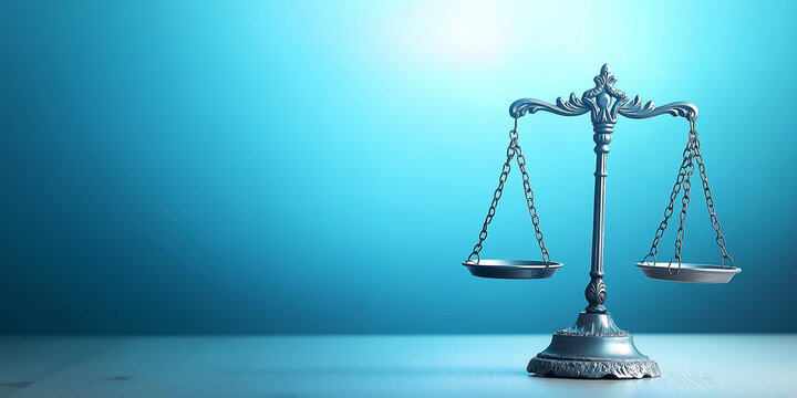 Scales of justice against a gradient blue background, conveying a sense of calm and fairness in legal proceedings