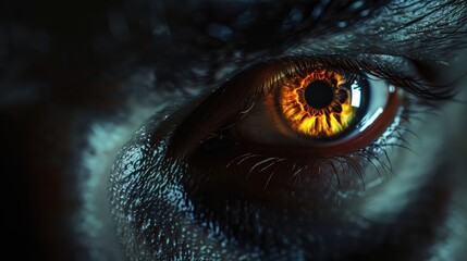 Close-up of a man eye with orange pupil. Man's eye with fire, flame. A man possessed. AI generated.