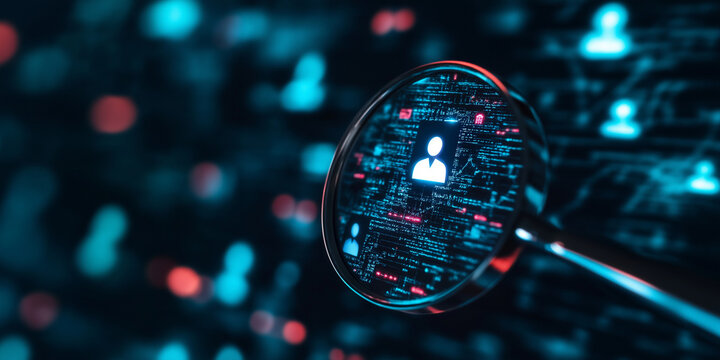 A magnifying glass over a single human icon in a field of faint icons, with digital network connections highlighting its importance in CRM strategies