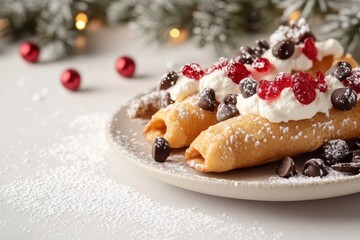 Obraz premium Festive Crepes with Whipped Cream, Chocolate Chips, and Red Berries on a Holiday Plate