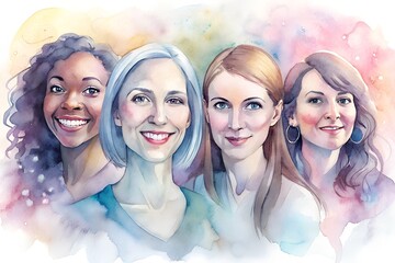 Watercolor portrait of four diverse women with radiant smiles, painted in a soft and colorful style, symbolizing unity and feminine strength