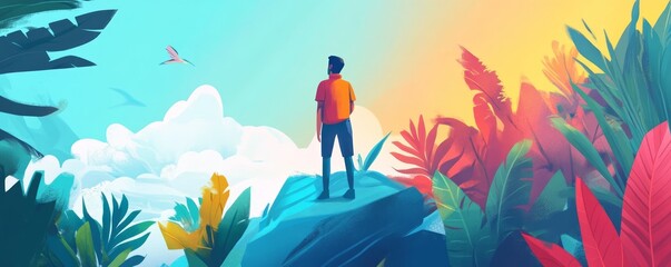 Stylized illustration of a person standing on a mountain surrounded by vibrant foliage