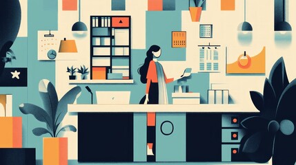 Stylized illustration of a modern office workspace with a woman using a smartphone