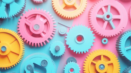 Colorful pastel gears and cogs in an abstract flat lay composition