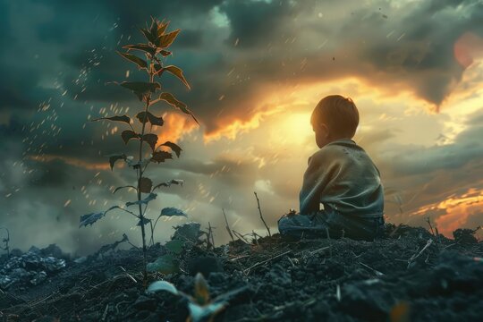 Stifled Growth A plant wilting in the background while a child looks on, symbolizing the stifling effect of conflict