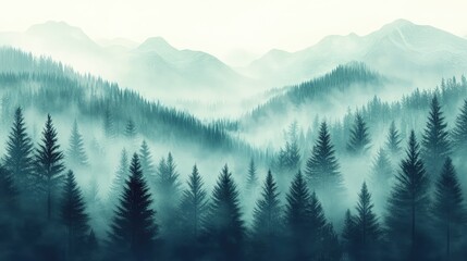 Fototapeta premium Misty fir forest beautiful landscape in hipster vintage retro style, misty mountains and trees. Ai generation