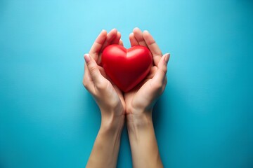 Fototapeta premium Hands gently cradling a red heart shape against a bright blue background, symbolizing love, care, and emotional support