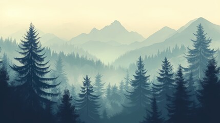 Fototapeta premium Misty fir forest beautiful landscape in hipster vintage retro style, misty mountains and trees. Ai generation