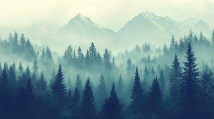 Fototapeta premium Misty fir forest beautiful landscape in hipster vintage retro style, misty mountains and trees. Ai generation
