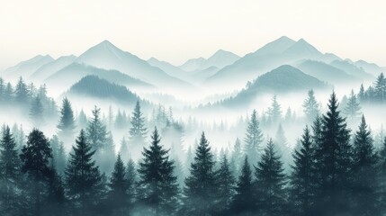 Fototapeta premium Misty fir forest beautiful landscape in hipster vintage retro style, misty mountains and trees. Ai generation