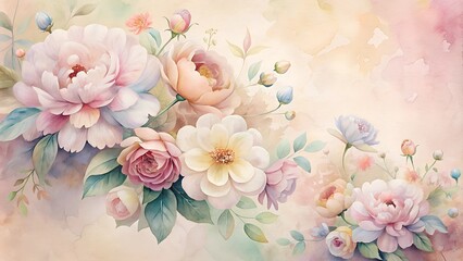 Soft pastel flower arrangement with watercolor peonies, delicate nature-inspired art