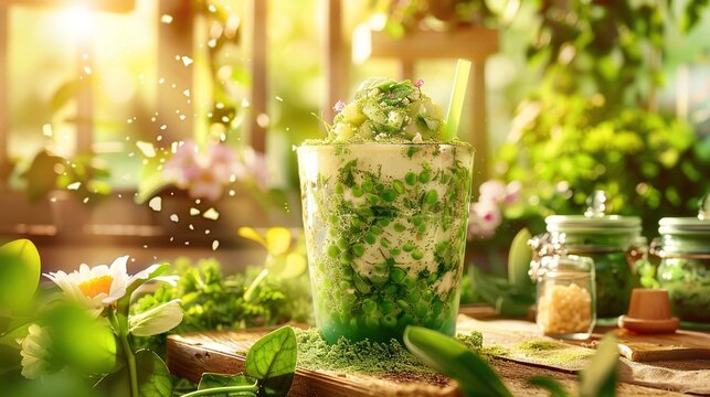   A macro shot of a green elixir in a goblet on a table with bouquets and vases full of verdant ingredients
