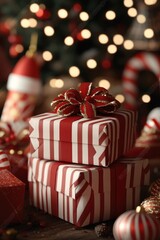Festive Wrapped Christmas Gifts with Bokeh Lights and Holiday Decorations