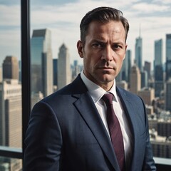 Fototapeta premium Serious MiddleAged Businessman in Suit and Tie by City Window