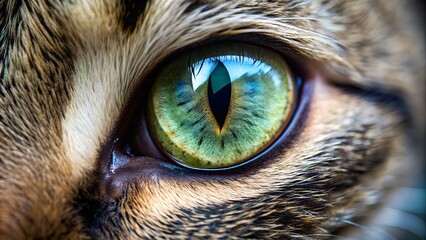 Close-up of a cat's eye with green and yellow hues, set against a detailed fur background, showcasing the sharp and intense gaze of a feline predator in high definition