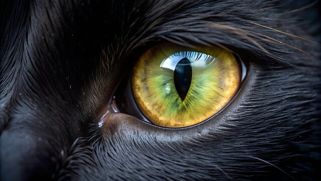 Close-up of a black cat’s eye with intense green and yellow hues, capturing the mysterious and captivating essence of feline vision, showing incredible detail and sharpness