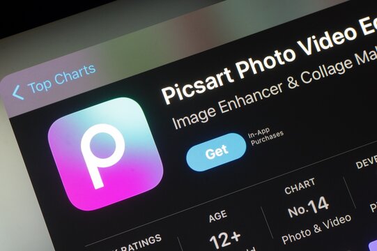 Apple app store with Picsart photo and video enhancement application to be installed