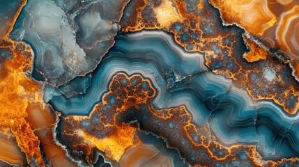Obraz premium Natural volcanic agate stones close up light blue, beige and golden texture. Wallpaper background, quartz marble, decorative rock pattern. Ai generation