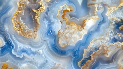 Natural volcanic agate stones close up light blue, beige and golden texture. Wallpaper background, quartz marble, decorative rock pattern. Ai generation