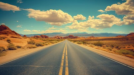 Naklejka premium An endless road stretching through a desert landscape under a vast blue sky.