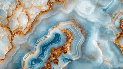 Natural volcanic agate stones close up light blue, beige and golden texture. Wallpaper background, quartz marble, decorative rock pattern. Ai generation