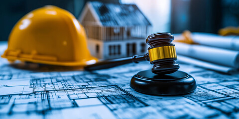 A legal gavel set on a flat architectural blueprint, with a yellow construction helmet and a detailed house model nearby, focusing on the regulation of construction laws