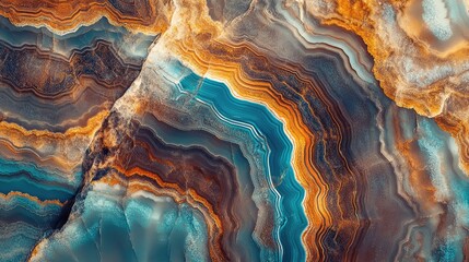 Naklejka premium Natural volcanic agate stones close up light blue, beige and golden texture. Wallpaper background, quartz marble, decorative rock pattern. Ai generation