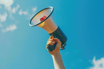 Hand holding a megaphone with a bright blue sky in the background, symbolizing freedom of speech