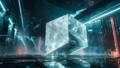 Fototapeta premium sharp 3D render of a futuristic sci-fi grunge concrete room, featuring a massive rotated cube