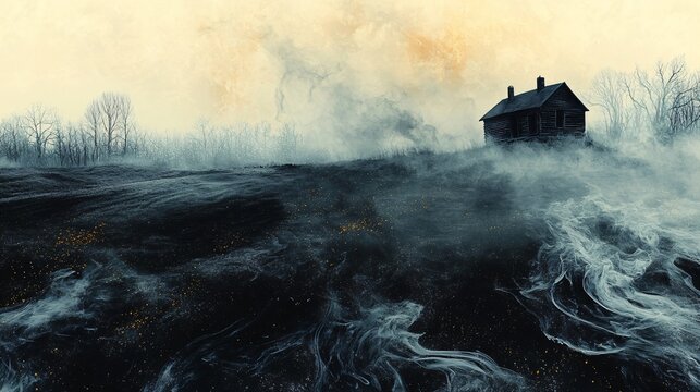 Eerie abandoned cabin in misty landscape, atmospheric scene for horror stories, mystery book covers, and haunting cinematic backdrops evoking isolation and suspense - Powered by Adobe