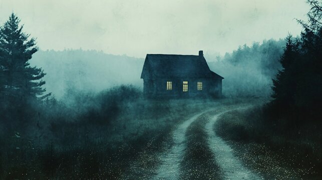 Eerie abandoned cabin in misty landscape, atmospheric scene for horror stories, mystery book covers, and haunting cinematic backdrops evoking isolation and suspense - Powered by Adobe