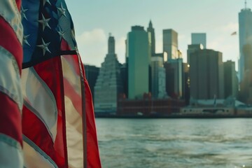 American flag waving on Manhattan background