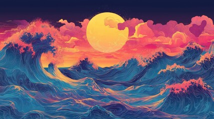 Ocean line illustration at sunset, psychedelic manga style, high detail. Anime colorful style. Ai generation