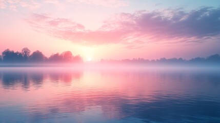 Tranquil lake sunrise with misty reflections. Serene landscape for wellness retreats, meditation apps, or nature-inspired home decor