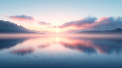 Fototapeta premium Tranquil lake sunrise with misty reflections. Serene landscape for wellness retreats, meditation apps, or nature-inspired home decor