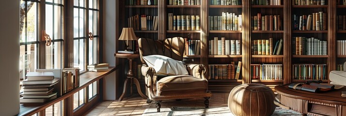 Elegant library scene with a framed poster mockup, highlighting literature intellectual pursuits