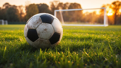Obraz premium Peaceful Evening Soccer Field Scene with a Ball and Goalpost, Perfect for Sports Enthusiasts