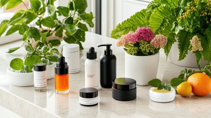 Flat lay of natural skincare products including toners, face masks, and serums on a granite countertop, highlighting eco-conscious packaging and luxurious rejuvenation