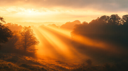Sunrise over a mountain field with dramatic sunset colors in the sky