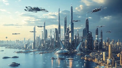 Obraz premium Futuristic Cityscape with Flying Vehicles and Interconnected Skyscrapers